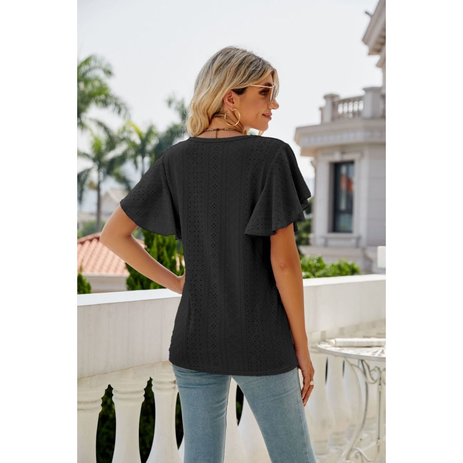 Eyelet Flutter Sleeve Round Neck Top