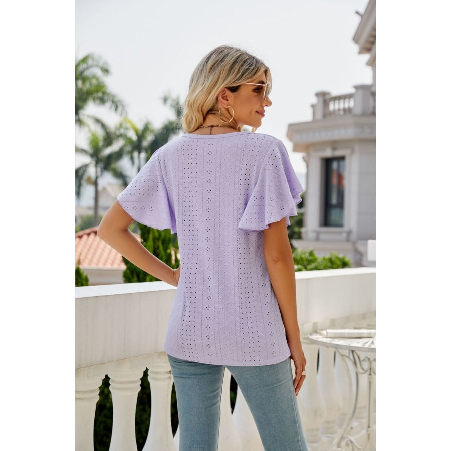 Eyelet Flutter Sleeve Round Neck Top Lilac / S