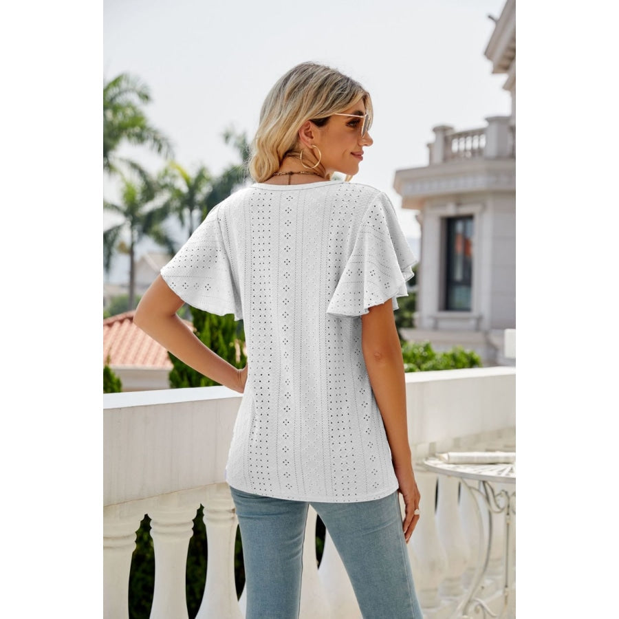 Eyelet Flutter Sleeve Round Neck Top