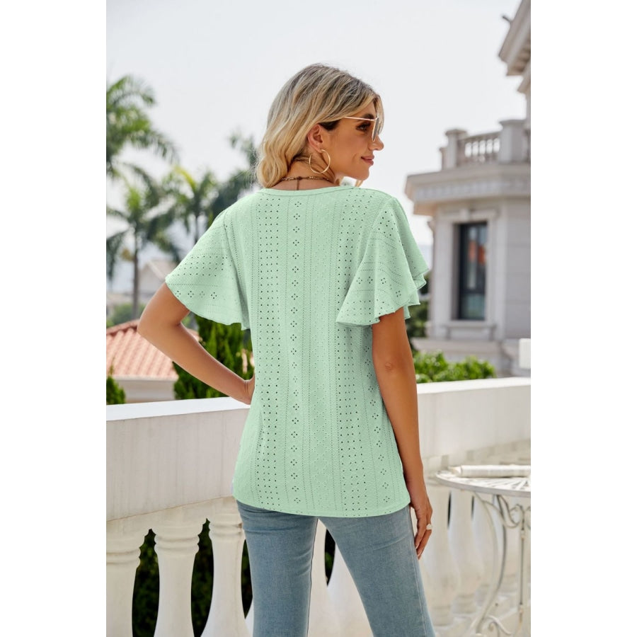 Eyelet Flutter Sleeve Round Neck Top