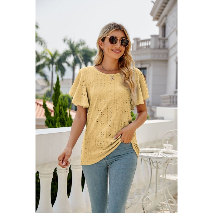 Eyelet Flutter Sleeve Round Neck Top