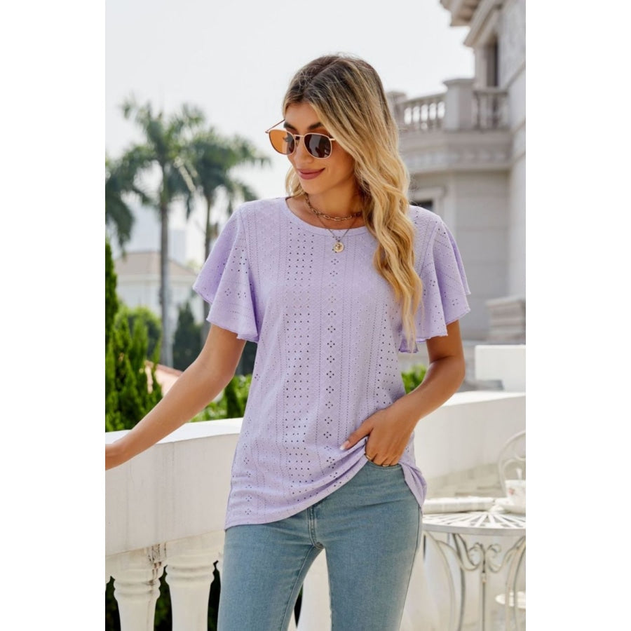 Eyelet Flutter Sleeve Round Neck Top