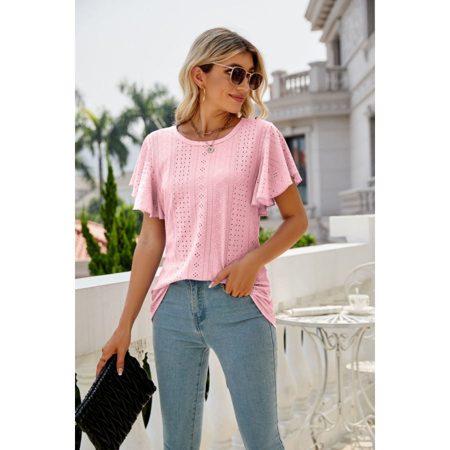 Eyelet Flutter Sleeve Round Neck Top