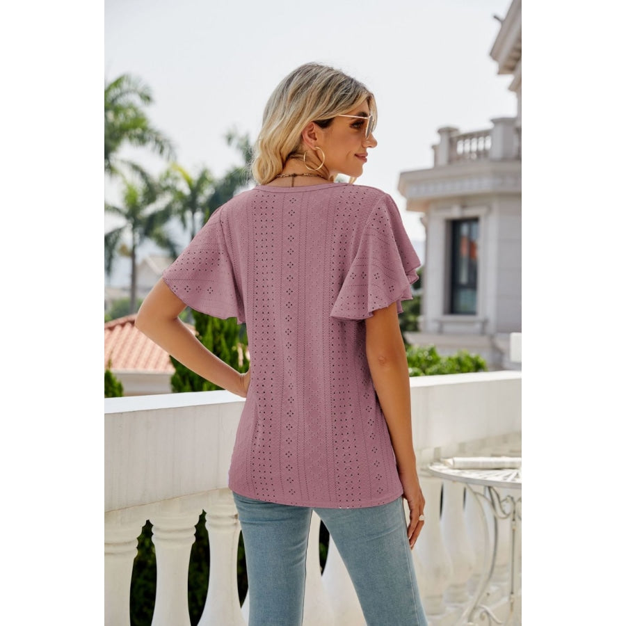 Eyelet Flutter Sleeve Round Neck Top