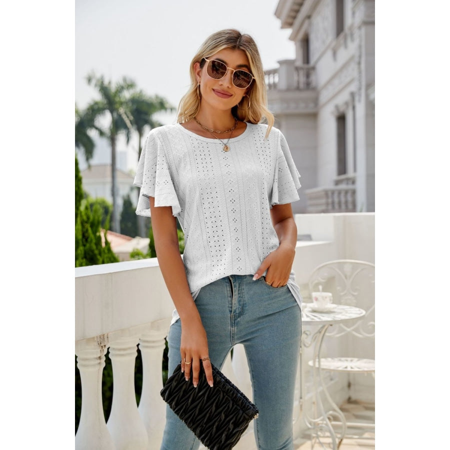 Eyelet Flutter Sleeve Round Neck Top White / S