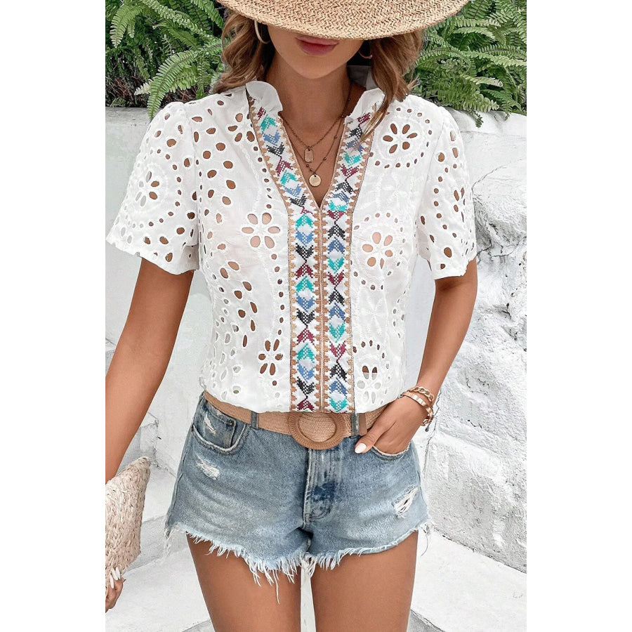 Eyelet Frill Short Sleeve Blouse Apparel and Accessories