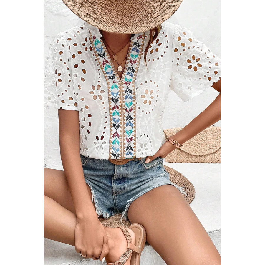 Eyelet Frill Short Sleeve Blouse Apparel and Accessories