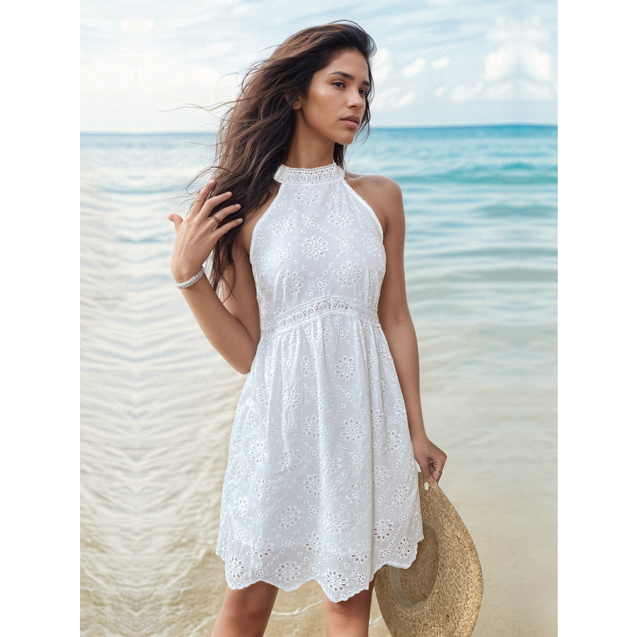 Eyelet Grecian Neck Mini Dress Apparel and Accessories