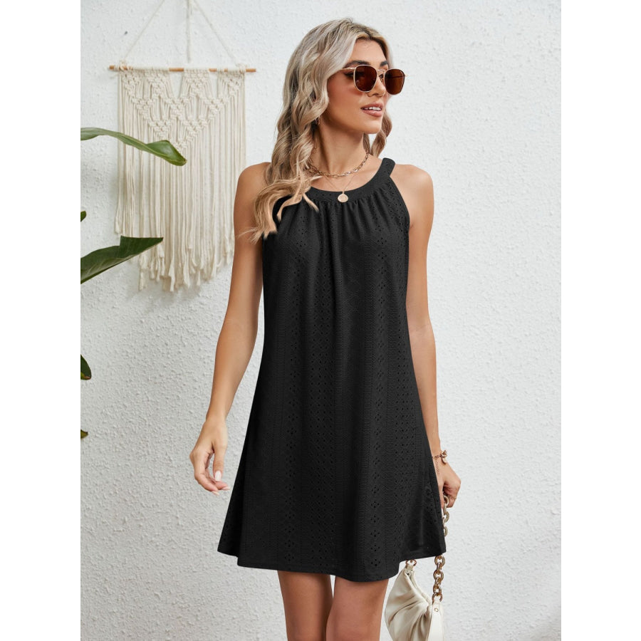 Eyelet Grecian Neck Mini Dress Black / S Apparel and Accessories