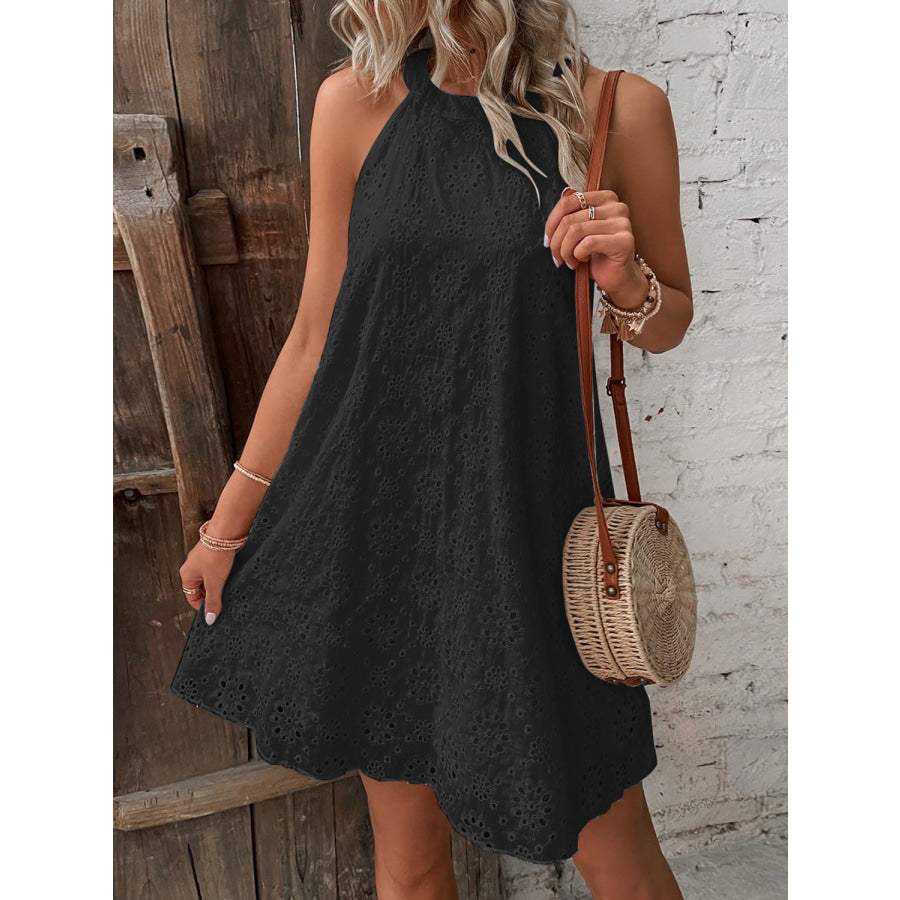 Eyelet Grecian Neck Mini Dress Black / S Apparel and Accessories