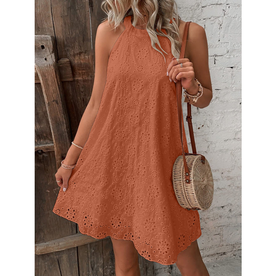 Eyelet Grecian Neck Mini Dress Terracotta / S Apparel and Accessories