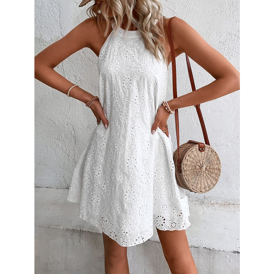 Eyelet Grecian Neck Mini Dress White / S Apparel and Accessories