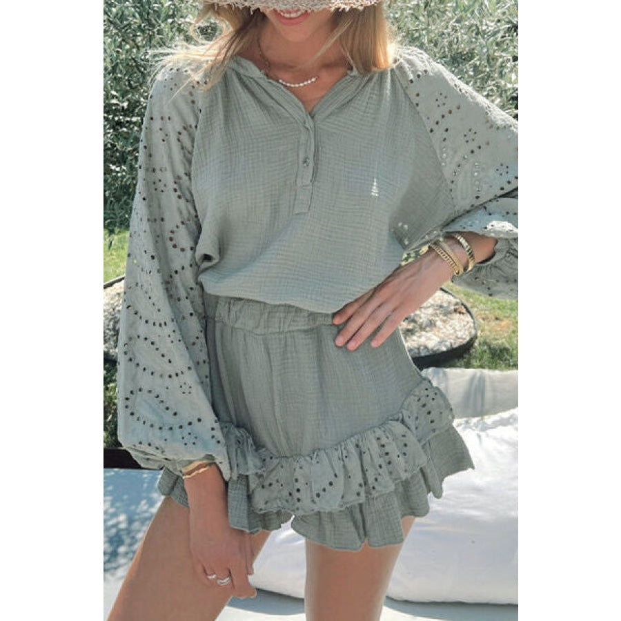 Eyelet Half Button Top and Shorts Set Apparel and Accessories