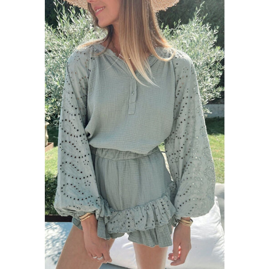 Eyelet Half Button Top and Shorts Set Sage / S Apparel and Accessories