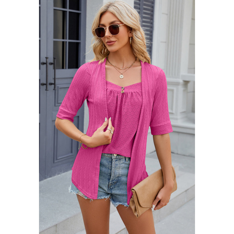 Eyelet Half Sleeve T - Shirt Hot Pink / S Apparel and Accessories