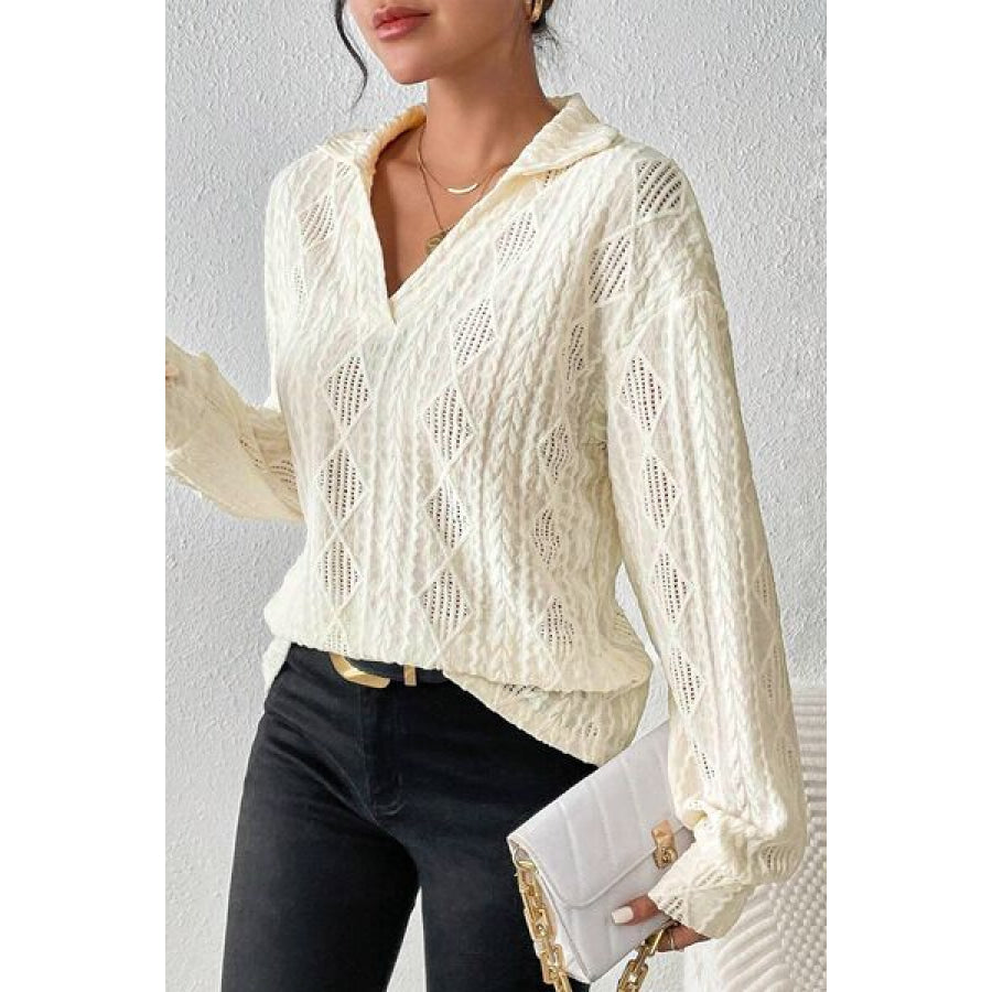 Eyelet Johnny Collar Dropped Shoulder Blouse Apparel and Accessories