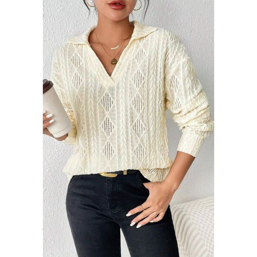 Eyelet Johnny Collar Dropped Shoulder Blouse Apparel and Accessories