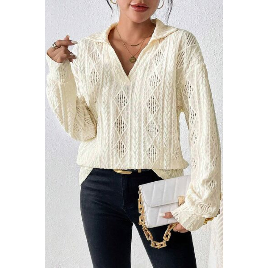 Eyelet Johnny Collar Dropped Shoulder Blouse Ivory / S Apparel and Accessories