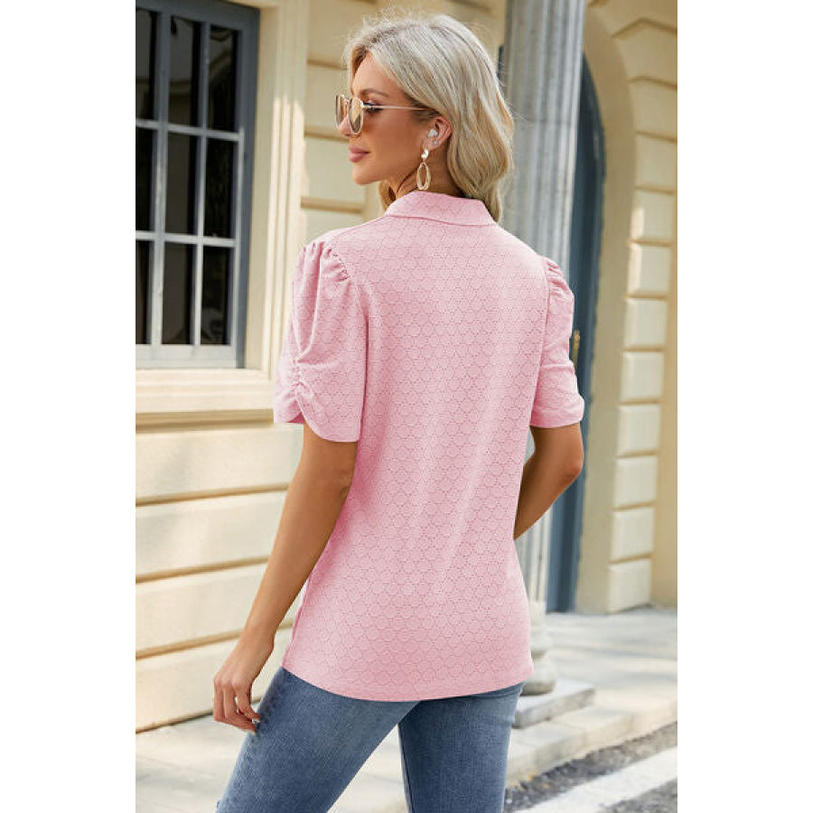 Eyelet Johnny Collar Puff Sleeve Blouse Apparel and Accessories