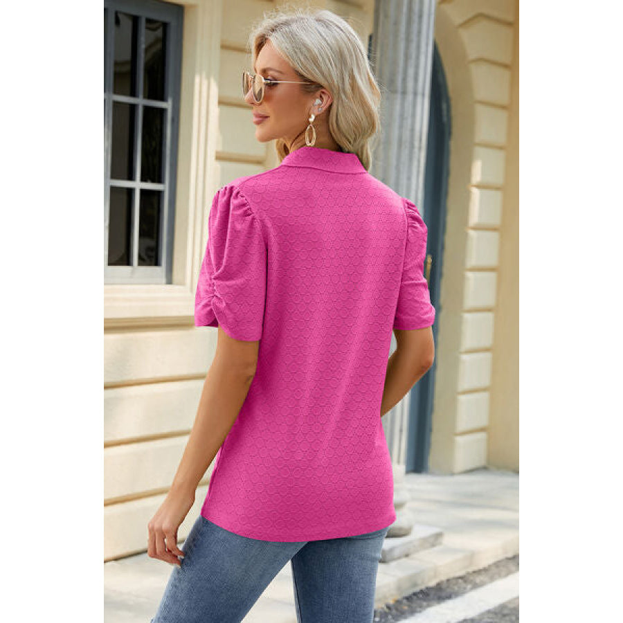 Eyelet Johnny Collar Puff Sleeve Blouse Hot Pink / S Apparel and Accessories