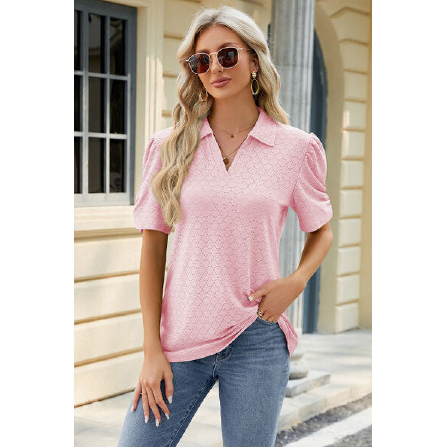 Eyelet Johnny Collar Puff Sleeve Blouse Apparel and Accessories