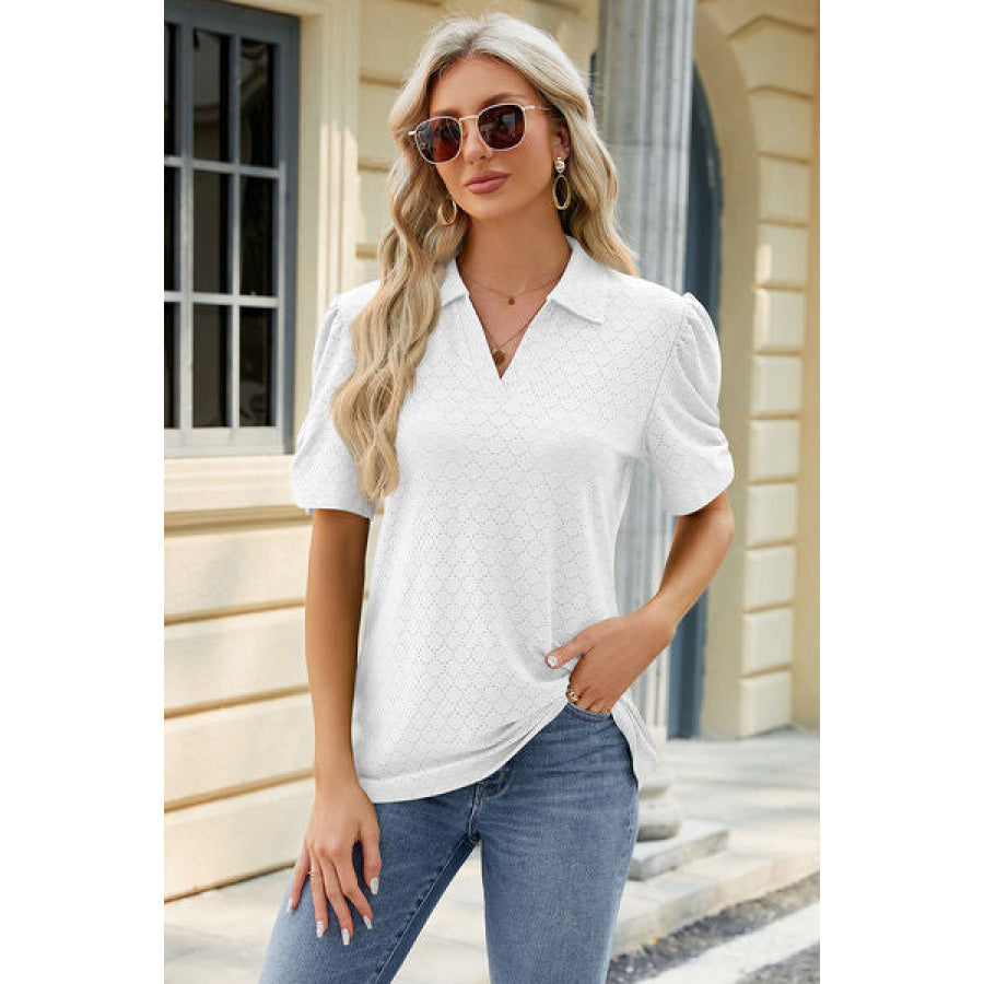 Eyelet Johnny Collar Puff Sleeve Blouse Apparel and Accessories