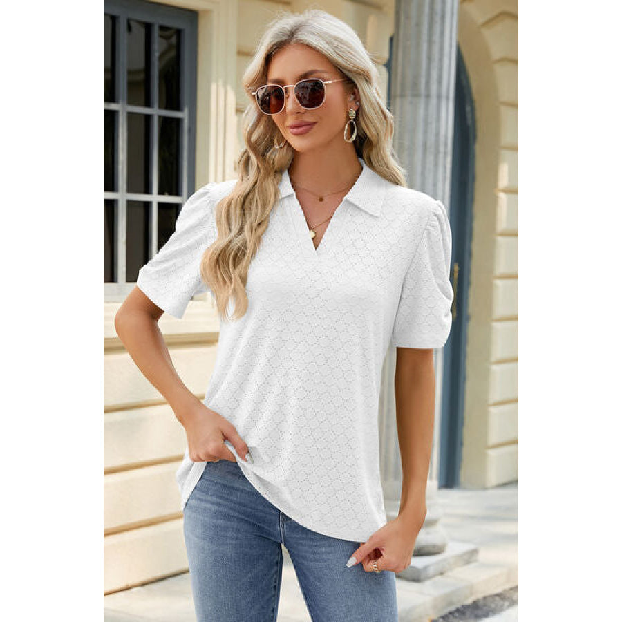 Eyelet Johnny Collar Puff Sleeve Blouse Apparel and Accessories