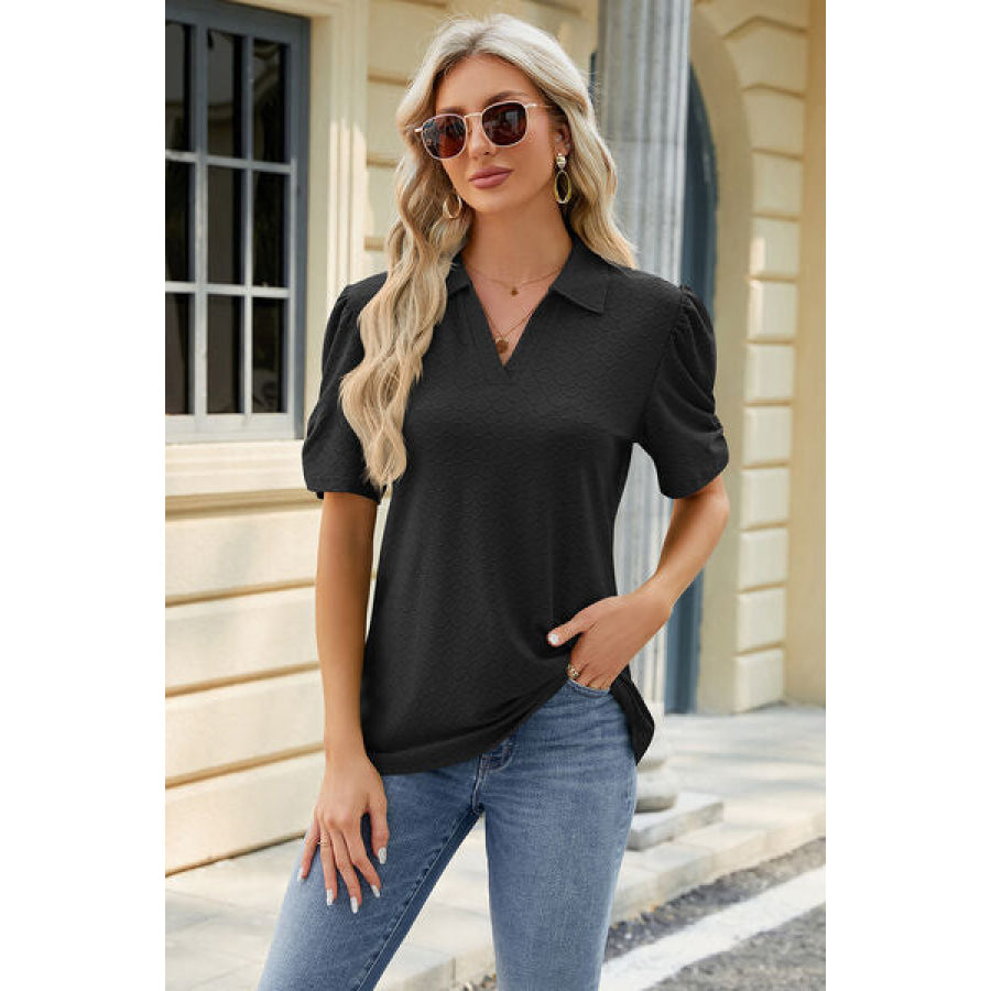 Eyelet Johnny Collar Puff Sleeve Blouse Black / S Apparel and Accessories