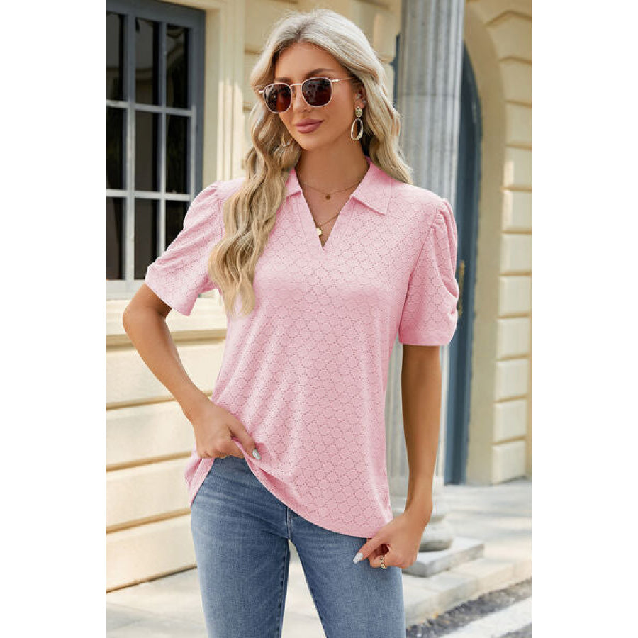 Eyelet Johnny Collar Puff Sleeve Blouse Carnation Pink / S Apparel and Accessories