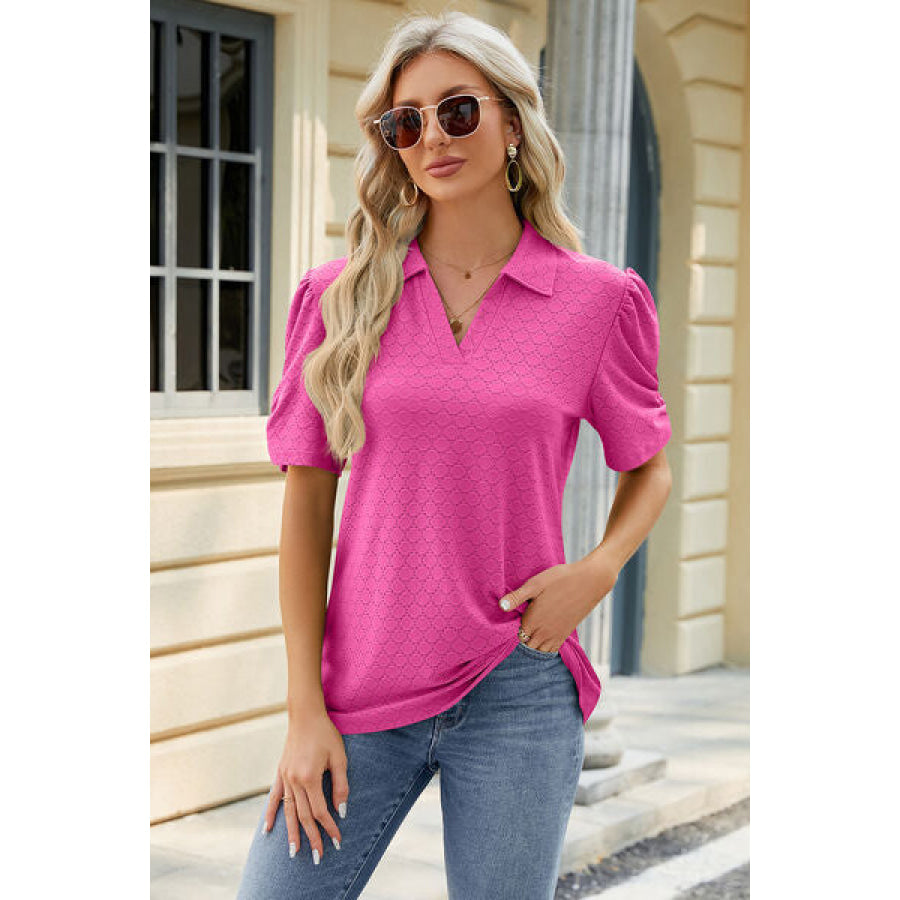 Eyelet Johnny Collar Puff Sleeve Blouse Hot Pink / S Apparel and Accessories