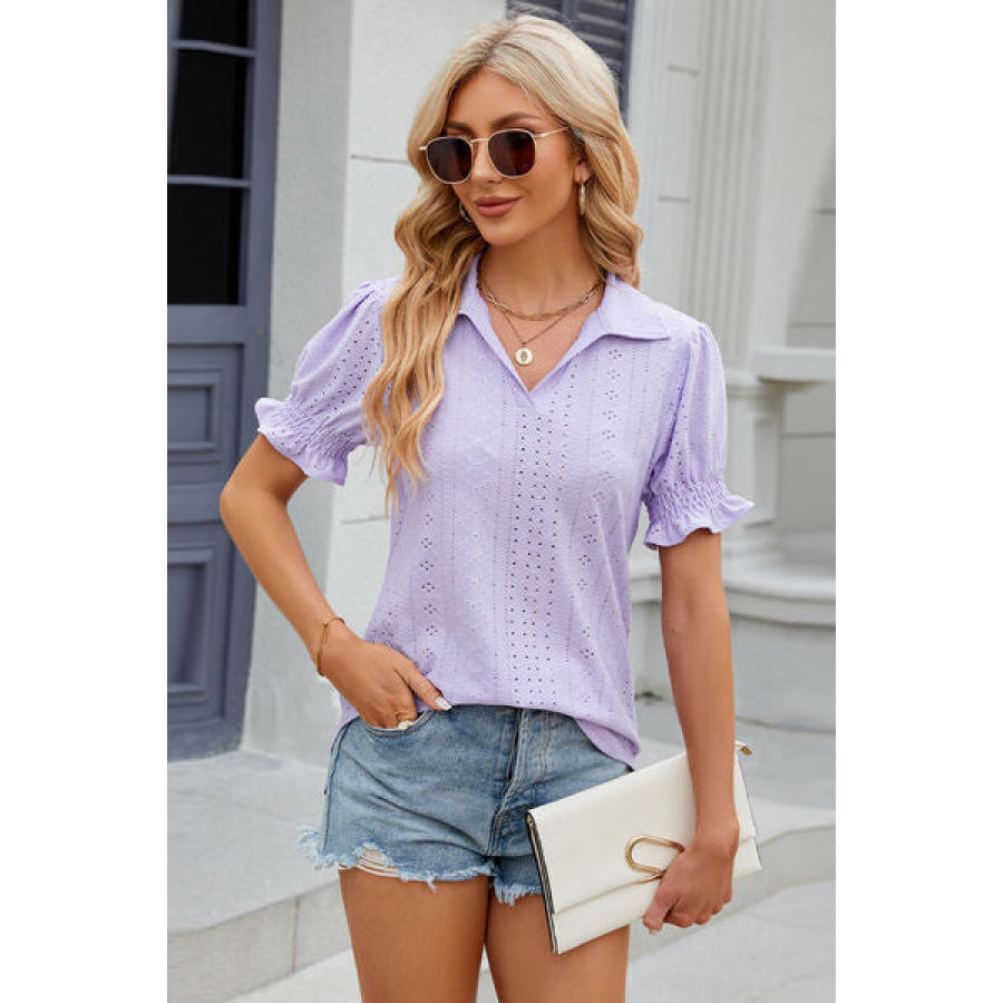 Eyelet Johnny Collar Short Sleeve Blouse Apparel and Accessories