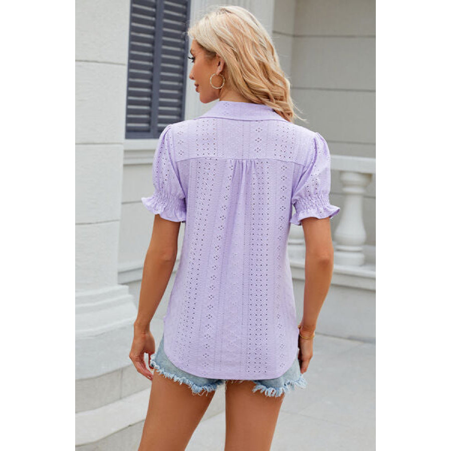 Eyelet Johnny Collar Short Sleeve Blouse Apparel and Accessories