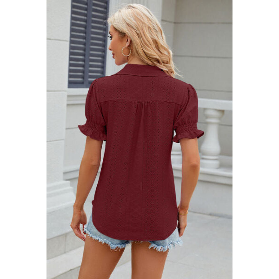 Eyelet Johnny Collar Short Sleeve Blouse Apparel and Accessories