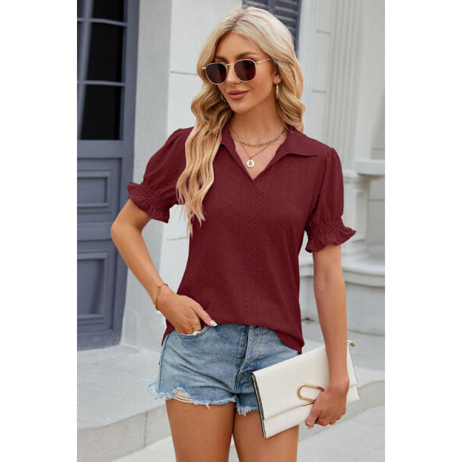 Eyelet Johnny Collar Short Sleeve Blouse Apparel and Accessories