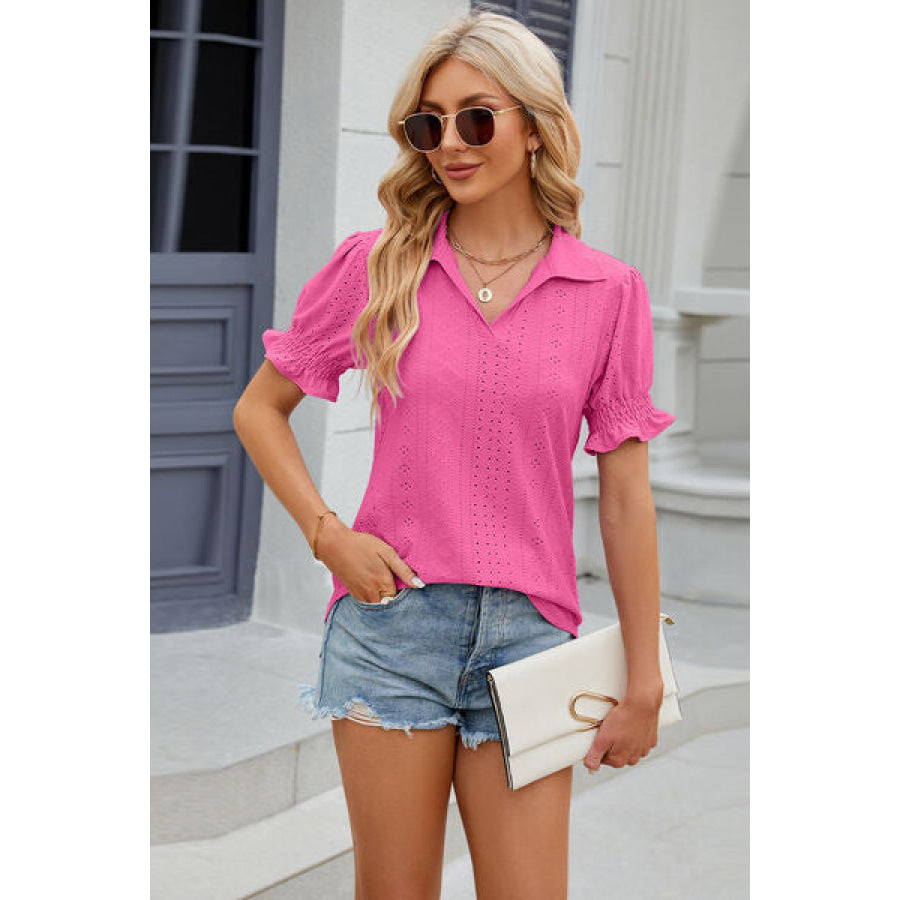 Eyelet Johnny Collar Short Sleeve Blouse Apparel and Accessories