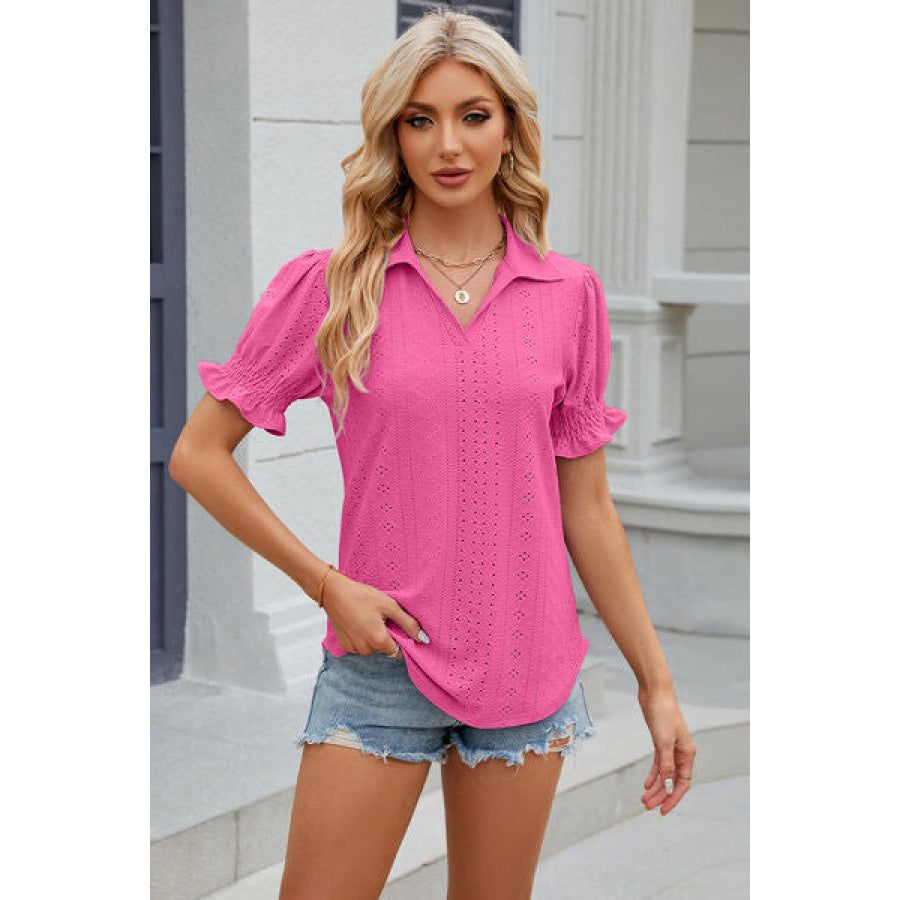 Eyelet Johnny Collar Short Sleeve Blouse Apparel and Accessories