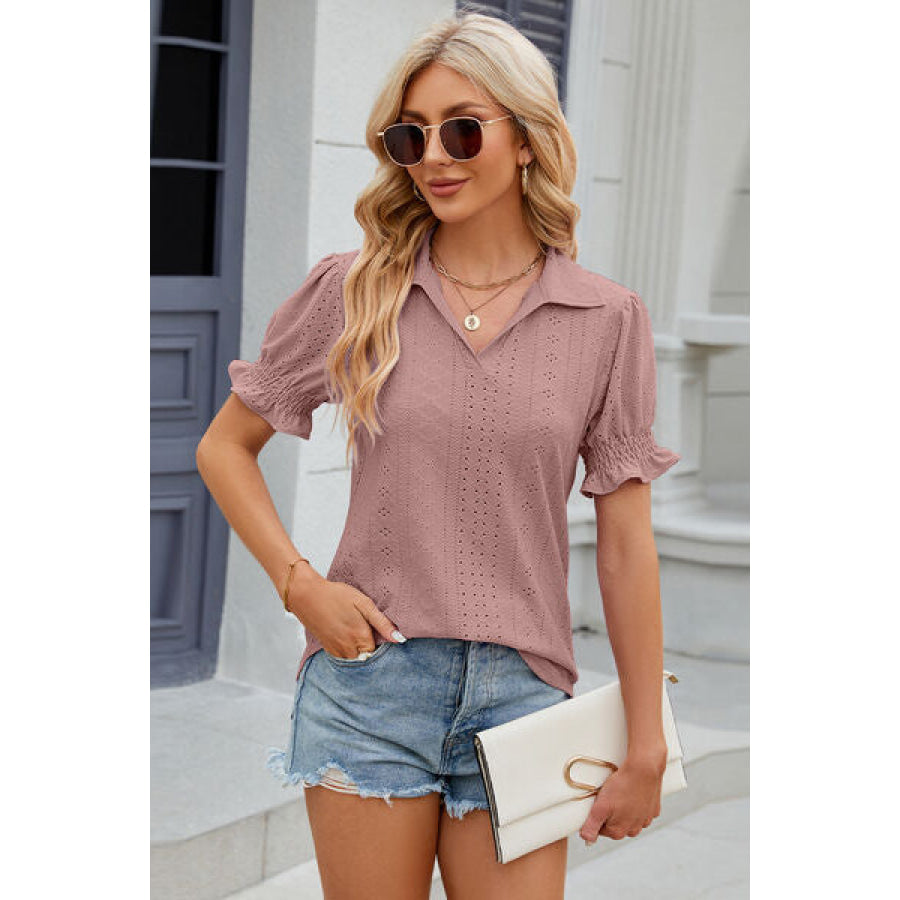 Eyelet Johnny Collar Short Sleeve Blouse Apparel and Accessories