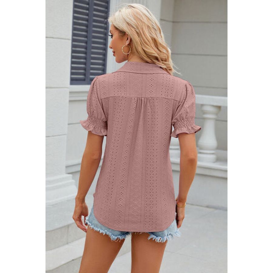 Eyelet Johnny Collar Short Sleeve Blouse Apparel and Accessories