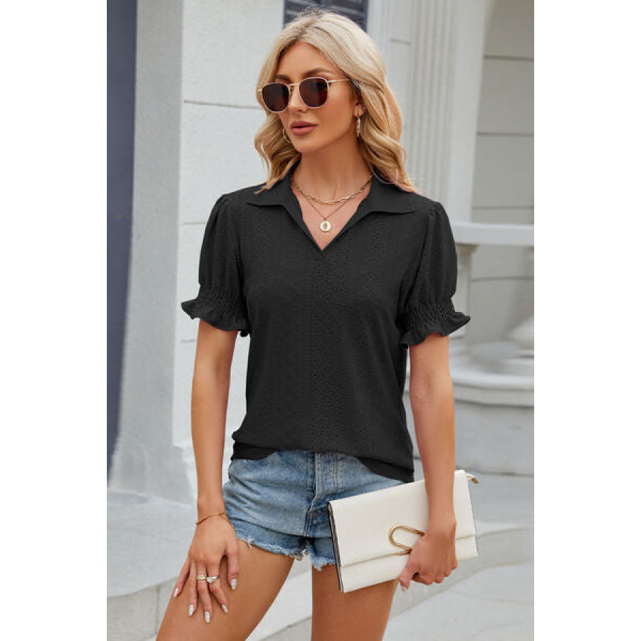 Eyelet Johnny Collar Short Sleeve Blouse Black / S Apparel and Accessories