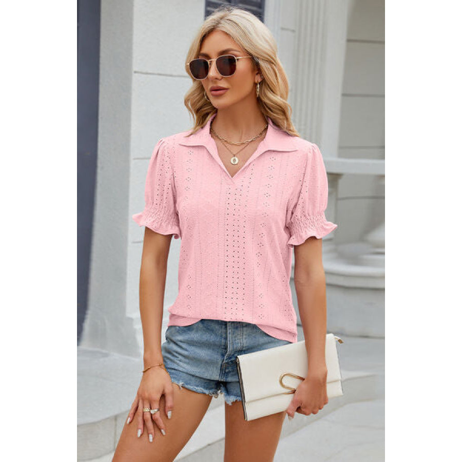 Eyelet Johnny Collar Short Sleeve Blouse Blush Pink / S Apparel and Accessories