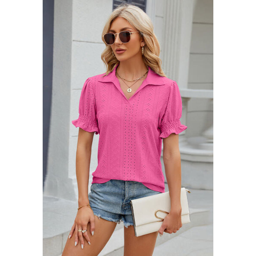 Eyelet Johnny Collar Short Sleeve Blouse Hot Pink / S Apparel and Accessories