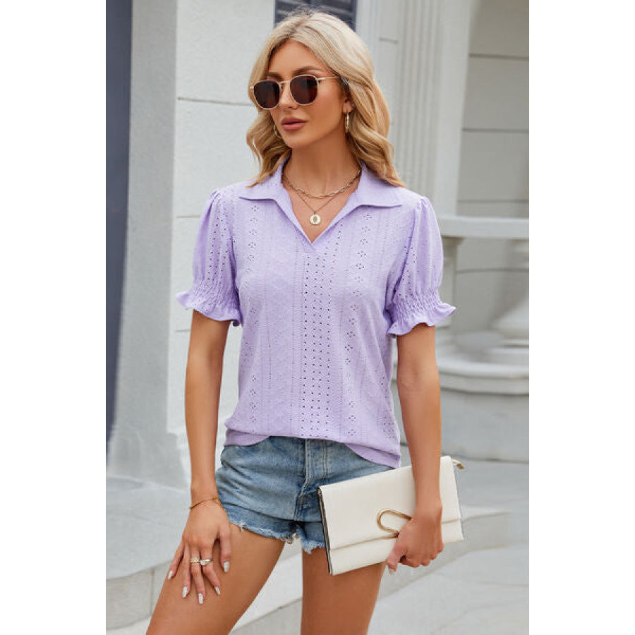 Eyelet Johnny Collar Short Sleeve Blouse Lavender / S Apparel and Accessories