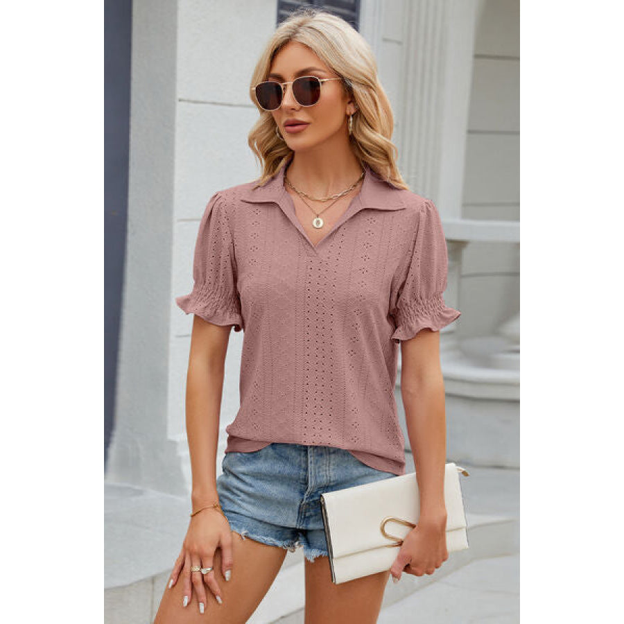 Eyelet Johnny Collar Short Sleeve Blouse Light Mauve / S Apparel and Accessories