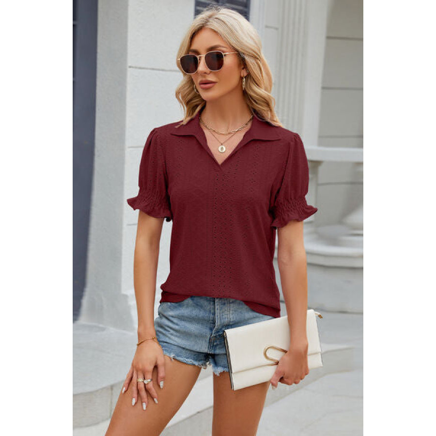 Eyelet Johnny Collar Short Sleeve Blouse Wine / S Apparel and Accessories