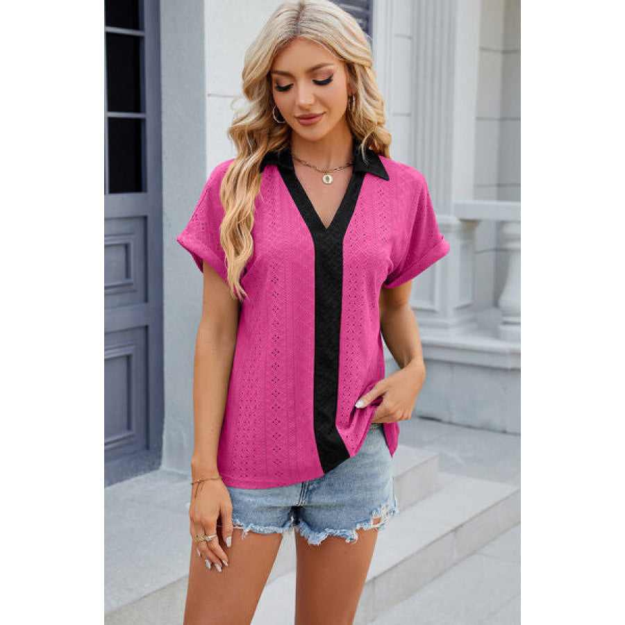 Eyelet Johnny Collar Short Sleeve T - Shirt Apparel and Accessories