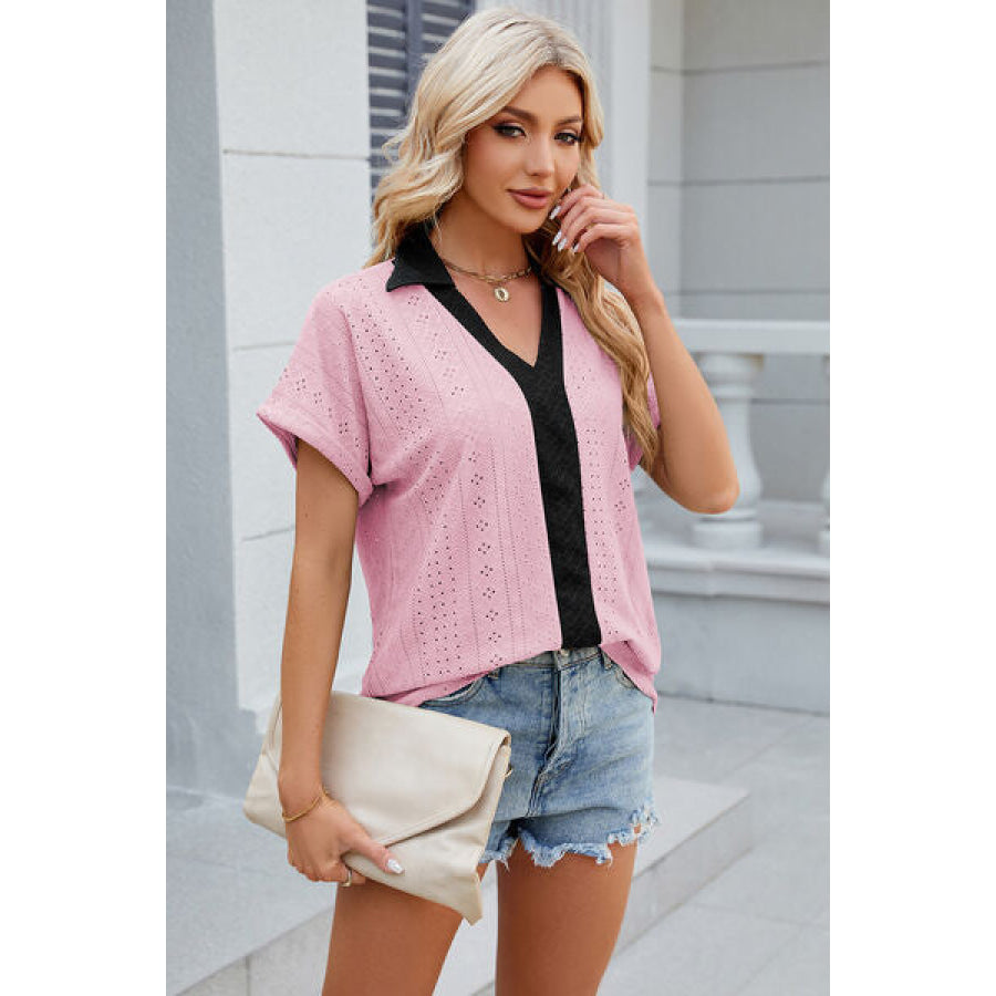 Eyelet Johnny Collar Short Sleeve T - Shirt Apparel and Accessories