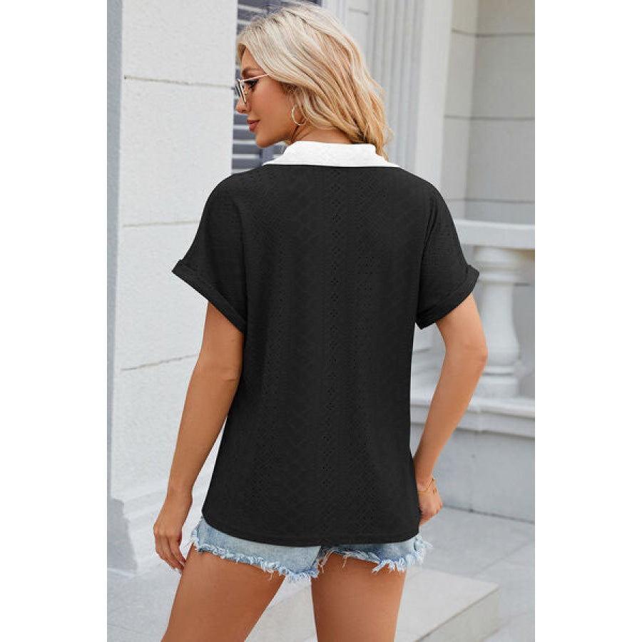 Eyelet Johnny Collar Short Sleeve T - Shirt Apparel and Accessories