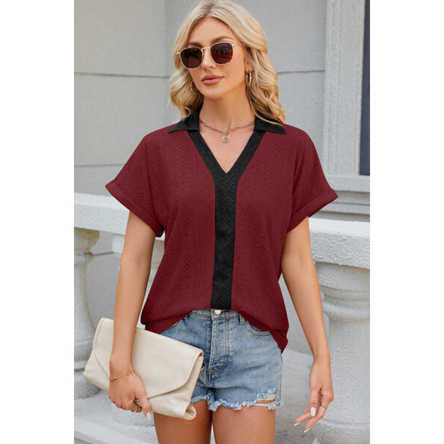Eyelet Johnny Collar Short Sleeve T - Shirt Apparel and Accessories