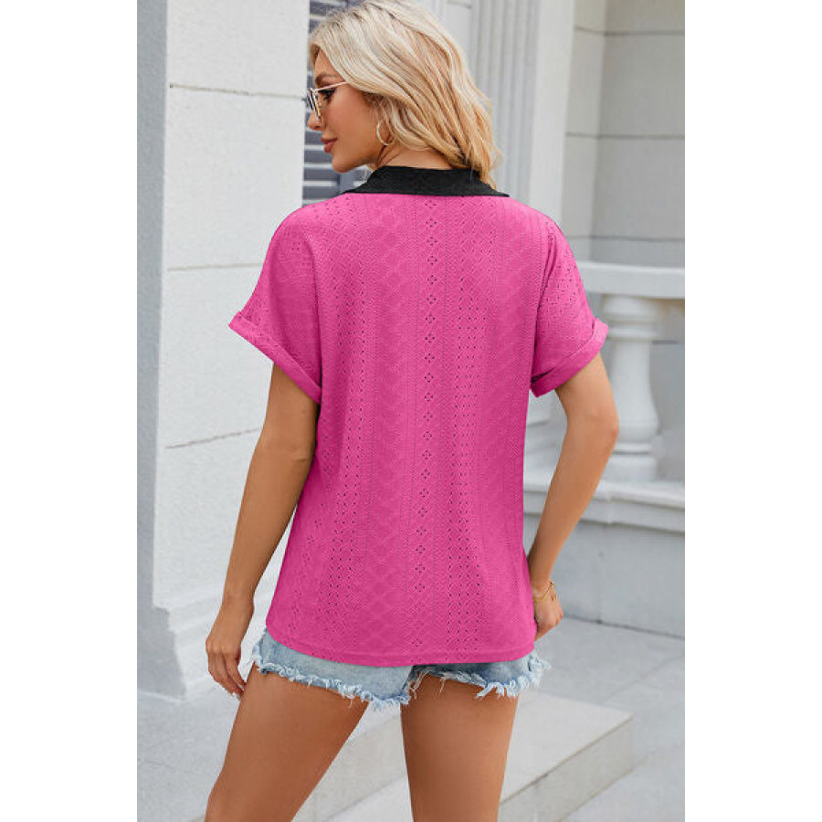 Eyelet Johnny Collar Short Sleeve T - Shirt Apparel and Accessories