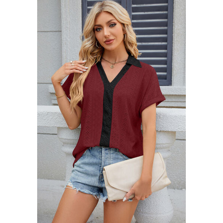 Eyelet Johnny Collar Short Sleeve T - Shirt Apparel and Accessories